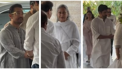 Aamir Khan, Jaya Bachchan, and Farhan Akhtar were spotted at the prayer meet in Mumbai. (Instagram) Aamir Khan, Jaya Bachchan, and Farhan Akhtar were spotted at the prayer meet in Mumbai. (Instagram)