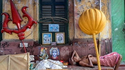 An artisan takes rest next to partially finished mythical artefacts made for the upcoming Ram Navami festival in Kolkata on April 5, 2025. (AFP) An artisan takes rest next to partially finished mythical artefacts made for the upcoming Ram Navami festival in Kolkata on April 5, 2025. (AFP)
