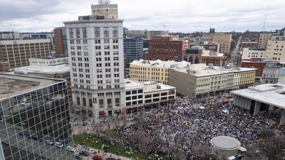An aerial view of the crowd during a Hands Off! rally on Saturday, April 5, 2025 at Rosa Parks Circle in Grand Rapids, Mich.  (AP)