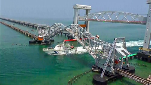 A rehearsal being done at the new Pamban Railway Bridge that connects Rameswaram Island with the mainland. (ANI) A rehearsal being done at the new Pamban Railway Bridge that connects Rameswaram Island with the mainland. (ANI)