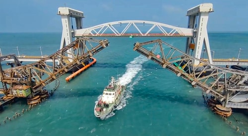 A ship sails past the new and old Pamban bridges as part of a trial, ahead of the inauguration of the new Pamban Bridge, near Rameswaram, Friday, Jan. 31, 2025. (PTI) A ship sails past the new and old Pamban bridges as part of a trial, ahead of the inauguration of the new Pamban Bridge, near Rameswaram, Friday, Jan. 31, 2025. (PTI)