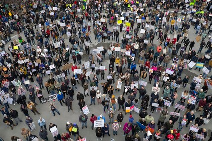 An aerial view of the crowd during a Hands Off! rally on Saturday, April 5, 2025 at Rosa Parks Circle in Grand Rapids, Mich. (AP)