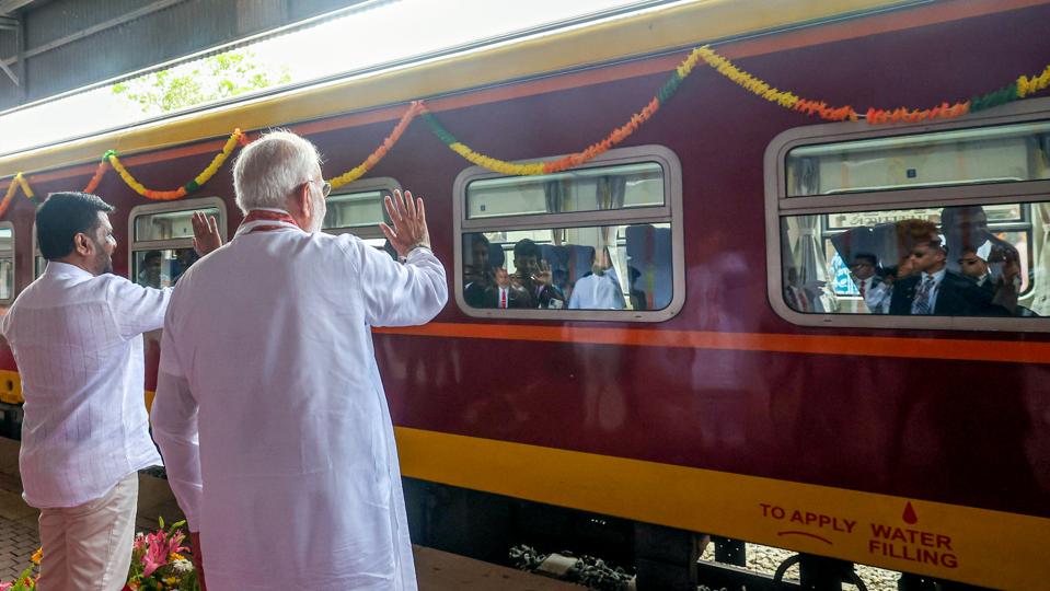 Prime Minister Narendra Modi and Sri Lankan President Anura Kumara Disanayaka greet the passengers at Anuradhapura Railway Station on Sunday (DPR PMO) Prime Minister Narendra Modi and Sri Lankan President Anura Kumara Disanayaka greet the passengers at Anuradhapura Railway Station on Sunday (DPR PMO)