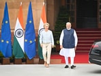 Prime Minister Narendra Modi and President of the European Commission Ursula von der Leyen prior to a meeting, at the Hyderabad House in New Delhi, Friday, Feb. 28, 2025. (Photo by Ajay Aggarwal/ Hindustan Times)