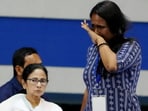 A teacher, who lost her job after a Supreme Court verdict invalidated the appointment of 25,753 teachers and other staff in state-run and state-aided schools in West Bengal, breaks down after speaking during an interaction with West Bengal chief minister Mamata Banerjee at Netaji Indoor Stadium in Kolkata on April 7, 2025. 