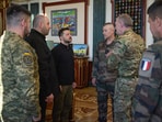 Ukrainian President Volodymyr Zelensky (3-L), Minister of Defence of Ukraine Rustem Umierov (2-L), meet with French Chief of the Defence Staff General Thierry Burkhard (3-R) and British Chief of the Defence Staff Admiral Tony Radakin (2-R) in Kyiv, amid the Russian invasion of Ukraine. (AFP/ Ukraine Presidential Press)