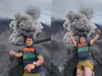 Man posed as an Indonesian volcano erupted behind him; video went viral.