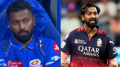 Hardik Pandya looks on in the final over of the run-chase as Krunal Pandya wins RCB the match. (Twitter/AP) Hardik Pandya looks on in the final over of the run-chase as Krunal Pandya wins RCB the match. (Twitter/AP)