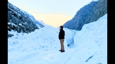 A tourists in Khoksar of Lahaul-Spiti district on Monday. (Aqil Khan /HT)