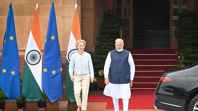 Prime Minister Narendra Modi and President of the European Commission Ursula von der Leyen prior to a meeting, at the Hyderabad House in New Delhi, Friday, Feb. 28, 2025. (Photo by Ajay Aggarwal/ Hindustan Times) (Hindustan Times) Prime Minister Narendra Modi and President of the European Commission Ursula von der Leyen prior to a meeting, at the Hyderabad House in New Delhi, Friday, Feb. 28, 2025. (Photo by Ajay Aggarwal/ Hindustan Times) (Hindustan Times)