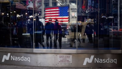 The Nasdaq MarketSite in New York, US, on Friday, April 4, 2025. The Nasdaq 100 plunged another 4%, putting it on course to close more than 20% below its February record in a rout whose swiftness is rivaled in recent years only by the pandemic meltdown in 2020. (Bloomberg) The Nasdaq MarketSite in New York, US, on Friday, April 4, 2025. The Nasdaq 100 plunged another 4%, putting it on course to close more than 20% below its February record in a rout whose swiftness is rivaled in recent years only by the pandemic meltdown in 2020. (Bloomberg)
