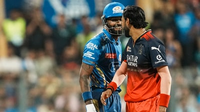 Hardik was especially belligerent in the 15th over bowled by Krunal, smashing two monster sixes off the second and third balls to take the stand between him and Tilak over 50 in just 16 balls. (PTI) Hardik was especially belligerent in the 15th over bowled by Krunal, smashing two monster sixes off the second and third balls to take the stand between him and Tilak over 50 in just 16 balls. (PTI)