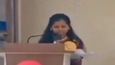 Varsha Kharat, a 20-year-old student, moments before collapsing during her speech at a college event. (Screengrab) Varsha Kharat, a 20-year-old student, moments before collapsing during her speech at a college event. (Screengrab)