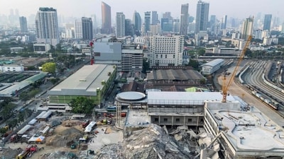 This aerial photograph shows the site of an under-construction building collapse in Bangkok on March 29, 2025, a day after the earthquake struck central Myanmar and Thailand. (AFP)