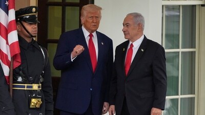 Trump and Benjamin Netanyahu will address reporters on Monday (AP)