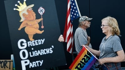Protesters demonstrate a a 'Hands Off!' protest against the Trump administration on April 5, 2025 in Los Angeles, California. Protests against Trump administration policies and Elon Musk's Department of Government Efficiency (DOGE) are being held nationwide in what organizers are calling a National Day of Action. (Getty Images via AFP) Protesters demonstrate a a 'Hands Off!' protest against the Trump administration on April 5, 2025 in Los Angeles, California. Protests against Trump administration policies and Elon Musk's Department of Government Efficiency (DOGE) are being held nationwide in what organizers are calling a National Day of Action. (Getty Images via AFP)