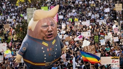On Saturday, scores of people protested at more than a dozen sites across Southern California as part of the nationwide "Hands Off!" rallies against various policies from the Donald Trump administration. (AFP) On Saturday, scores of people protested at more than a dozen sites across Southern California as part of the nationwide "Hands Off!" rallies against various policies from the Donald Trump administration. (AFP)