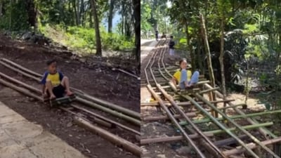 A viral video showed kids riding a bamboo roller coaster. (Instagram/travelling.shillong) A viral video showed kids riding a bamboo roller coaster. (Instagram/travelling.shillong)