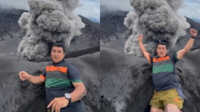 Man posed as an Indonesian volcano erupted behind him; video went viral. (Instagram/echa_thawil) Man posed as an Indonesian volcano erupted behind him; video went viral. (Instagram/echa_thawil)