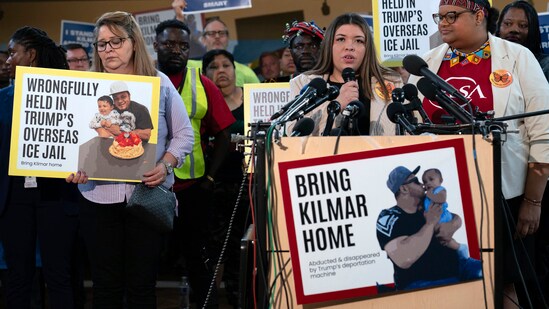 Jennifer Vasquez Sura, the wife of Kilmar Abrego Garcia of Maryland, who was mistakenly deported to El Salvador, speaks during a news conference at CASA's Multicultural Center in Hyattsville, Maryland. (AP)