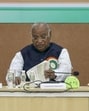 Ahmedabad: Congress President Mallikarjun Kharge, Congress Parliamentary Party chairperson Sonia Gandhi and LoP in Lok Sabha Rahul Gandhi during the extended CWC meeting at Sardar Vallabhbhai Patel Memorial in Ahmedabad on Tuesday (PTI)