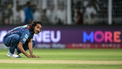 Digvesh Rathi was the pick of the Lucknow bowlers as he returned with a spell of 1/33 in his quota of four overs. Rathi took the key wicket of Sunil Narine in the seventh over and later unleashed his iconic notebook celebration. (AFP) Digvesh Rathi was the pick of the Lucknow bowlers as he returned with a spell of 1/33 in his quota of four overs. Rathi took the key wicket of Sunil Narine in the seventh over and later unleashed his iconic notebook celebration. (AFP)