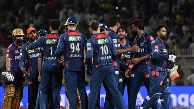 Lucknow Super Giants (LSG) players celebrate the win against Kolkata Knight Riders (KKR) . The Rishabh Pant-led side staged a memorable comeback to win the contest by four runs. (Hindustan Times) Lucknow Super Giants (LSG) players celebrate the win against Kolkata Knight Riders (KKR) . The Rishabh Pant-led side staged a memorable comeback to win the contest by four runs. (Hindustan Times)