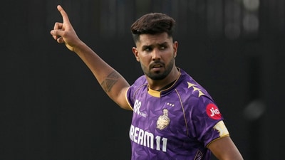 Kolkata Knight Riders' Harshit Rana celebrates the dismissal of Lucknow Super Giants' Aiden Markram (AP) Kolkata Knight Riders' Harshit Rana celebrates the dismissal of Lucknow Super Giants' Aiden Markram (AP)