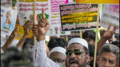 Members of Tamil Nadu Sunnath Jamath raise slogans during a protest against the Waqf (Amendment) Act, 2025, in Chennai on Tuesday (PTI) Members of Tamil Nadu Sunnath Jamath raise slogans during a protest against the Waqf (Amendment) Act, 2025, in Chennai on Tuesday (PTI)