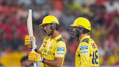 CSK's opening stand finally fired, although that was not quick enough considering the steep target they were chasing. The stand was broken in the seventh over with Rachin Ravindra falling to Glenn Maxwell for 36 runs in 23 balls. His opening stand with Devon COnway brought 61 runs. (PTI) CSK's opening stand finally fired, although that was not quick enough considering the steep target they were chasing. The stand was broken in the seventh over with Rachin Ravindra falling to Glenn Maxwell for 36 runs in 23 balls. His opening stand with Devon COnway brought 61 runs. (PTI)