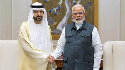 Prime Minister Narendra Modi with Crown Prince of Dubai and deputy PM of UAE Sheikh Hamdan bin Mohammed bin Rashid Al Maktoum in New Delhi on Tuesday. (Photo from X) Prime Minister Narendra Modi with Crown Prince of Dubai and deputy PM of UAE Sheikh Hamdan bin Mohammed bin Rashid Al Maktoum in New Delhi on Tuesday. (Photo from X)