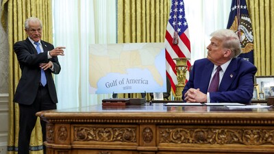 US President Donald Trump and his senior trade adviser Peter Navarro appeared in the Oval Office of the White House, on the day Trump signs executive orders for reciprocal tariffs, in Washington, D.C., U.S., February 13, 2025. REUTERS/Kevin Lamarque/File Photo (REUTERS)