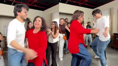 Farah Khan and Veer Pahariya perform the viral one-leg dance. Farah Khan and Veer Pahariya perform the viral one-leg dance.