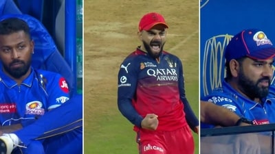 Virat Kohli roars in jubilation while Rohit Sharma, Hardik Pandya sit in agony (X Image) Virat Kohli roars in jubilation while Rohit Sharma, Hardik Pandya sit in agony (X Image)