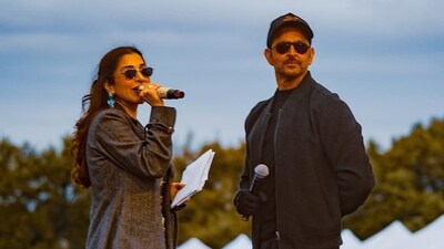Sophie Choudry and Hrithik Roshan during his meet-and-greet event in Dallas on Saturday.