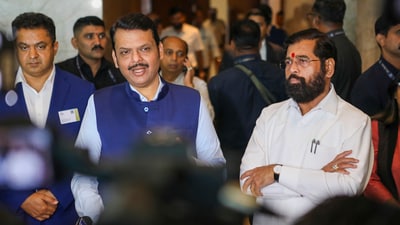 Maharashtra chief minister Devendra Fadnavis and deputy chief minister Eknath Shinde at the India Global Forum's 'IGF Mumbai NXT 25. (PTI) Maharashtra chief minister Devendra Fadnavis and deputy chief minister Eknath Shinde at the India Global Forum's 'IGF Mumbai NXT 25. (PTI)
