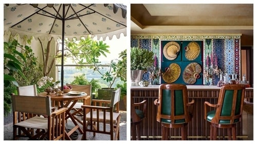 Sonam Kapoor and Ananda Ahuja's bar area (right) is equally stunning and features teak furniture by Kavita Singh Interiors. A set of 19th- and early-20th-century fans from Madras are seen on the bright hand-painted walls. Their outdoor balcony comes with an umbrella and surrounded by frangipanis. Sonam Kapoor and Ananda Ahuja's bar area (right) is equally stunning and features teak furniture by Kavita Singh Interiors. A set of 19th- and early-20th-century fans from Madras are seen on the bright hand-painted walls. Their outdoor balcony comes with an umbrella and surrounded by frangipanis.