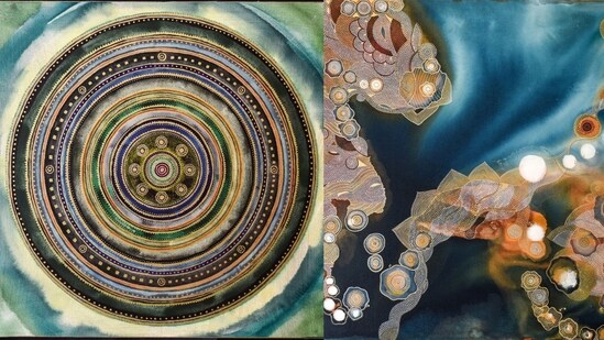 A watercolour and ink piece titled Around (L) and an artwork titled Rising (R).