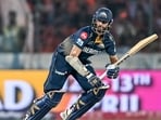 Gujarat Titans' Washington Sundar watches the ball after playing a shot during the Indian Premier League (IPL) Twenty20 cricket match between Sunrisers Hyderabad and Gujarat Titans