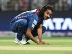 Lucknow Super Giants' Digvesh Singh celebrates after taking the wicket of Kolkata Knight Riders' Sunil Narine, caught out by Aiden Markram