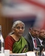 India's finance minister Nirmala Sitharaman speak during the India-UK Economic and Financial Dialogue (EFD), at the London Stock Exchange Group in central London on Wednesday. (AP) India's finance minister Nirmala Sitharaman speak during the India-UK Economic and Financial Dialogue (EFD), at the London Stock Exchange Group in central London on Wednesday. (AP)