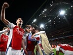 Arsenal's Declan Rice celebrates scoring their second goal with teammates