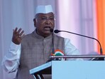 Congress Party President Mallikarjun Kharge speaks during All India Congress Committee's national convention in Ahmedabad, India, Wednesday, April 9, 2025. Congress Party President Mallikarjun Kharge speaks during All India Congress Committee's national convention in Ahmedabad, India, Wednesday, April 9, 2025.