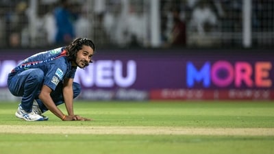 Lucknow Super Giants' Digvesh Rathi celebrates after taking the wicket of Kolkata Knight Riders' Sunil Narine during the Indian Premier League (IPL) Twenty20 cricket match between Kolkata Knight Riders and Lucknow Super Giants at the Eden Gardens (AFP)