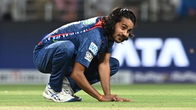 Lucknow Super Giants' Digvesh Singh celebrates after taking the wicket of Kolkata Knight Riders' Sunil Narine, caught out by Aiden Markram (REUTERS)