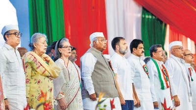 Congress chief Mallikarjun Kharge, Lok Sabha LoP Rahul Gandhi, CPP chairperson Sonia Gandhi and other party leaders at the AICC session in Ahmedabad on Wednesday. (PTI) Congress chief Mallikarjun Kharge, Lok Sabha LoP Rahul Gandhi, CPP chairperson Sonia Gandhi and other party leaders at the AICC session in Ahmedabad on Wednesday. (PTI)