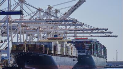 Container ships Epaminondas and Talos are docked at the Port of Baltimore, on Wednesday. (AP) Container ships Epaminondas and Talos are docked at the Port of Baltimore, on Wednesday. (AP)