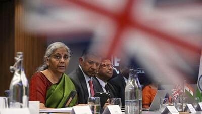 India's finance minister Nirmala Sitharaman speak during the India-UK Economic and Financial Dialogue (EFD), at the London Stock Exchange Group in central London on Wednesday. (AP) India's finance minister Nirmala Sitharaman speak during the India-UK Economic and Financial Dialogue (EFD), at the London Stock Exchange Group in central London on Wednesday. (AP)