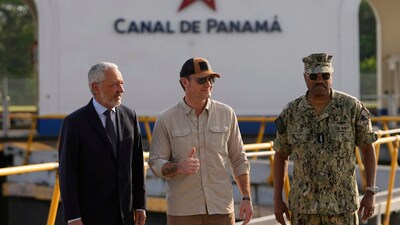 (From left to right) Panama Canal Authority administrator Ricaurte Vasquez (left), US Defense Secretary Pete Hegseth and Southcom Commander Navy Adm. Alvin Holsey pose for a photo during a tour of the Panama Canal's Miraflores Locks, in Panama City on April 8, 2025. (AP) (From left to right) Panama Canal Authority administrator Ricaurte Vasquez (left), US Defense Secretary Pete Hegseth and Southcom Commander Navy Adm. Alvin Holsey pose for a photo during a tour of the Panama Canal's Miraflores Locks, in Panama City on April 8, 2025. (AP)