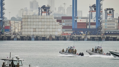 U.S. military took part in a joint drill with Panamanian troops at the Panama Canal during the visit of Pete Hegseth to the Port of Rodman in West Panama, Tuesday, April 8, 2025. (AP Photo/Matias Delacroix) (AP) U.S. military took part in a joint drill with Panamanian troops at the Panama Canal during the visit of Pete Hegseth to the Port of Rodman in West Panama, Tuesday, April 8, 2025. (AP Photo/Matias Delacroix) (AP)